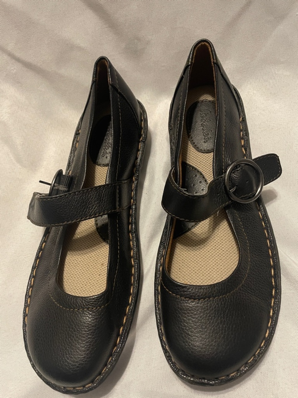 Cabela's Black Leather Mary Jane Flats with Round Buckle